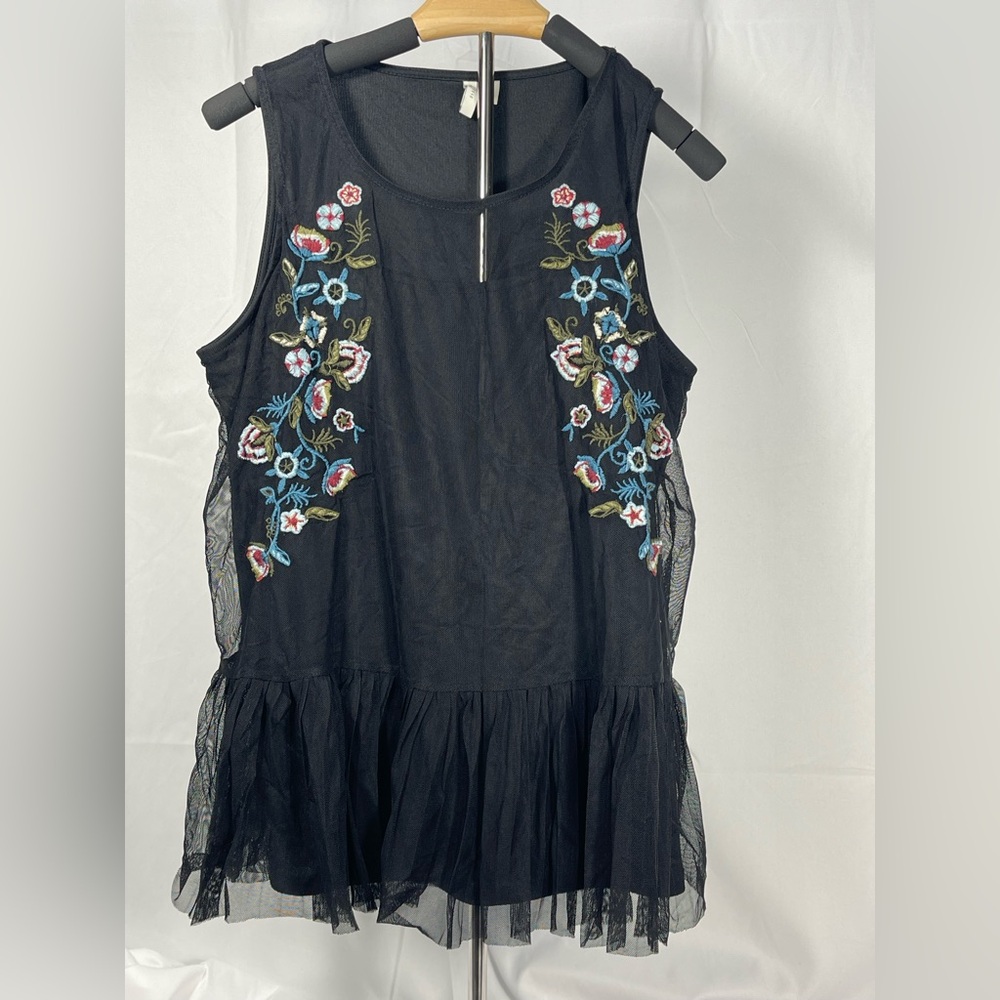Boho Embroidered Black Sleeveless Mesh Peplum Tank. Poetcore fairy garden